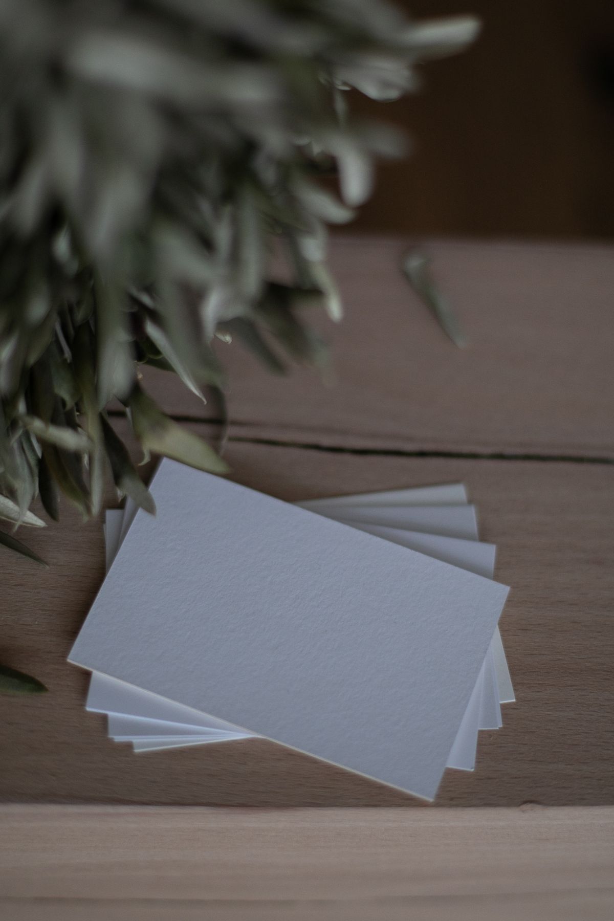 Close-up of neatly stacked premium business cards on a dark surface